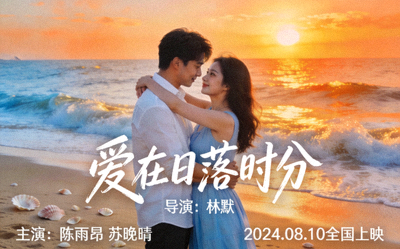 爱情电影海报，男女主角在海边浪漫拥抱