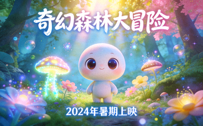 动画电影海报，可爱卡通角色在奇幻森林中