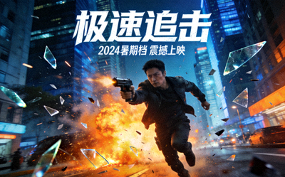 都市动作电影海报，主角持枪在城市街道奔跑