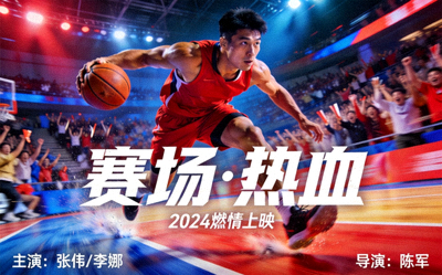 体育电影海报，运动员在赛场拼搏瞬间