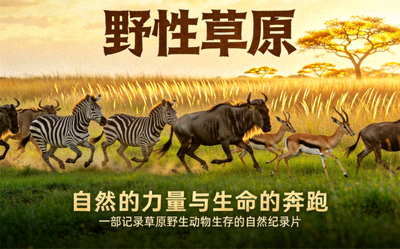 自然纪录片海报，野生动物在草原上奔跑